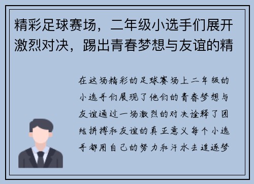 精彩足球赛场，二年级小选手们展开激烈对决，踢出青春梦想与友谊的精彩瞬间