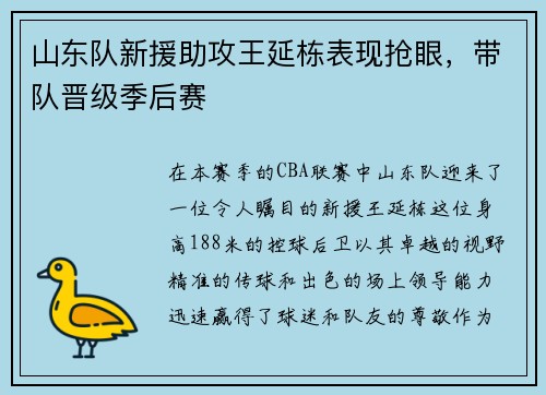 山东队新援助攻王延栋表现抢眼，带队晋级季后赛