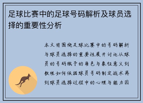 足球比赛中的足球号码解析及球员选择的重要性分析