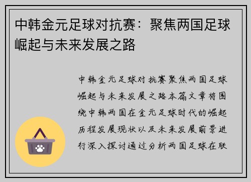 中韩金元足球对抗赛：聚焦两国足球崛起与未来发展之路