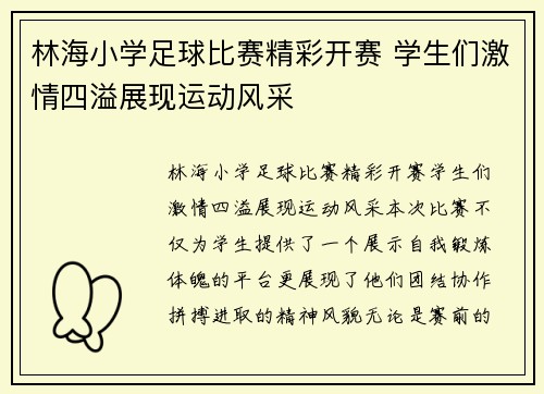 林海小学足球比赛精彩开赛 学生们激情四溢展现运动风采