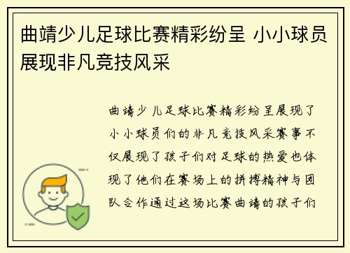 曲靖少儿足球比赛精彩纷呈 小小球员展现非凡竞技风采