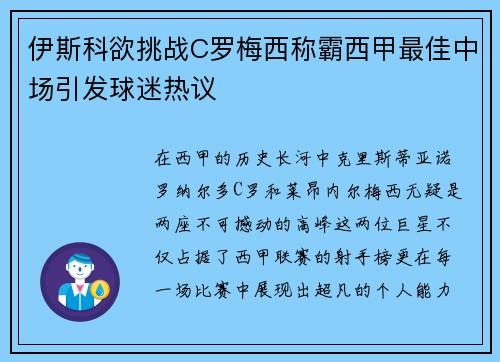 伊斯科欲挑战C罗梅西称霸西甲最佳中场引发球迷热议