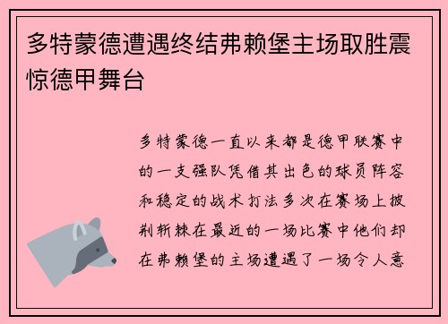 多特蒙德遭遇终结弗赖堡主场取胜震惊德甲舞台