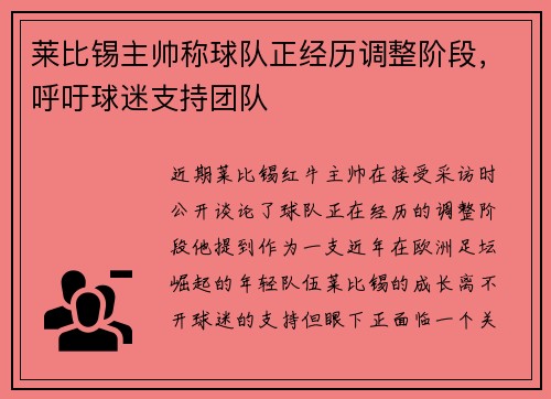 莱比锡主帅称球队正经历调整阶段，呼吁球迷支持团队