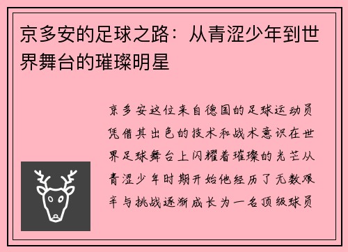 京多安的足球之路：从青涩少年到世界舞台的璀璨明星