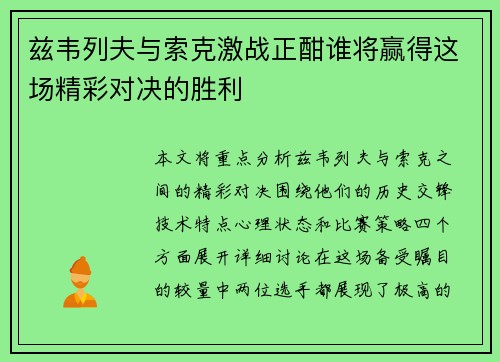 兹韦列夫与索克激战正酣谁将赢得这场精彩对决的胜利