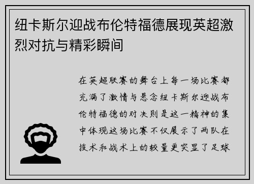 纽卡斯尔迎战布伦特福德展现英超激烈对抗与精彩瞬间