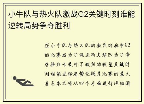 小牛队与热火队激战G2关键时刻谁能逆转局势争夺胜利