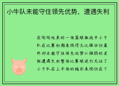 小牛队未能守住领先优势，遭遇失利