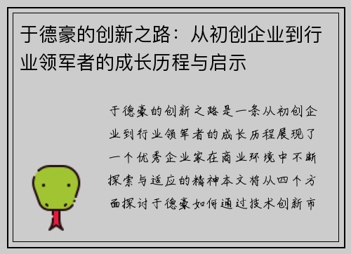 于德豪的创新之路：从初创企业到行业领军者的成长历程与启示