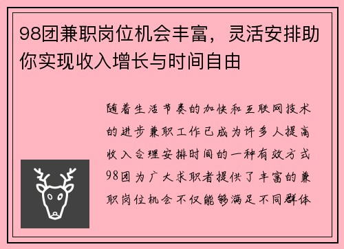 98团兼职岗位机会丰富，灵活安排助你实现收入增长与时间自由
