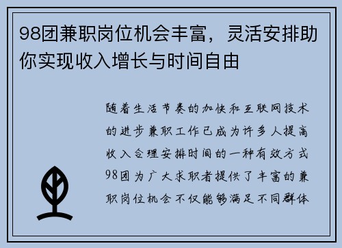 98团兼职岗位机会丰富，灵活安排助你实现收入增长与时间自由