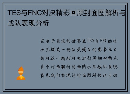 TES与FNC对决精彩回顾封面图解析与战队表现分析