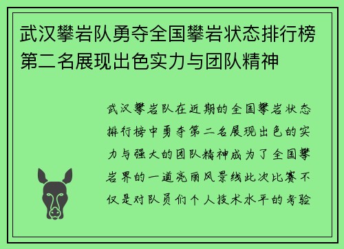 武汉攀岩队勇夺全国攀岩状态排行榜第二名展现出色实力与团队精神