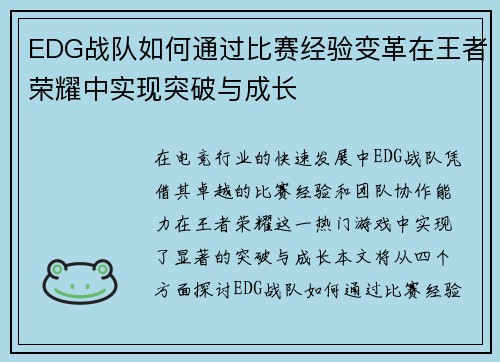EDG战队如何通过比赛经验变革在王者荣耀中实现突破与成长