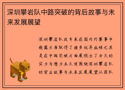 深圳攀岩队中路突破的背后故事与未来发展展望