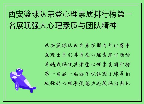 西安篮球队荣登心理素质排行榜第一名展现强大心理素质与团队精神